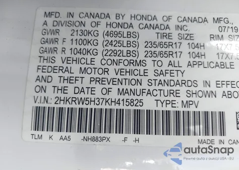 2019 Honda Cr-V Lx from USA, damaged, VIN 2HKRW5H37KH415825